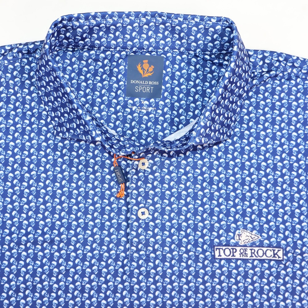 Donald Ross Sport Top of the Rock MO Mens XL Blue Skull Print Golf Polo AOP NWOT